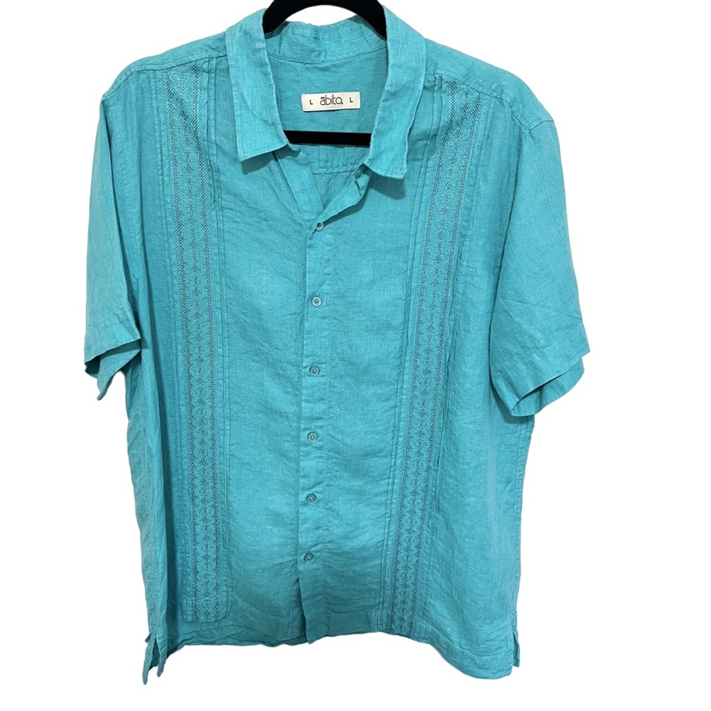 Abito L Linen Button Up Shirt Lace Pleated Short Sleeve Women Teal